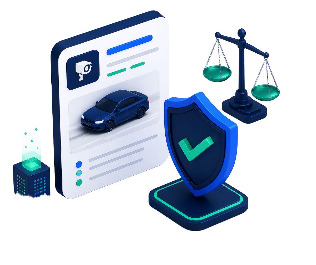 Ilustração de documento de multa, escudo de proteção, balança da justiça e fluxos digitais
